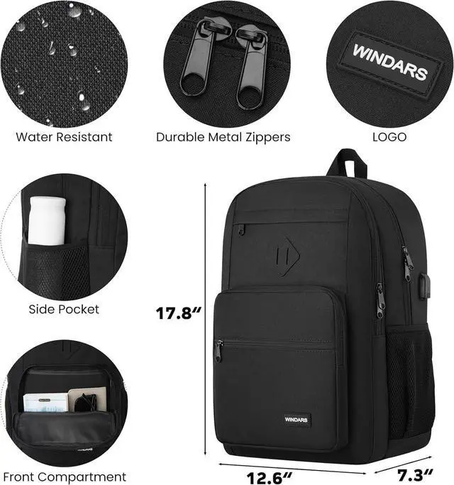 Alt view image 3 of 7 - Black Backpack for Men Women, Durable Casual School Backpacks Teens Boys and Girls Classic 15.6 Inch Laptop Bookbag with USB Charger for College High School Work Travel