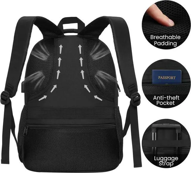 Alt view image 4 of 7 - Black Backpack for Men Women, Durable Casual School Backpacks Teens Boys and Girls Classic 15.6 Inch Laptop Bookbag with USB Charger for College High School Work Travel