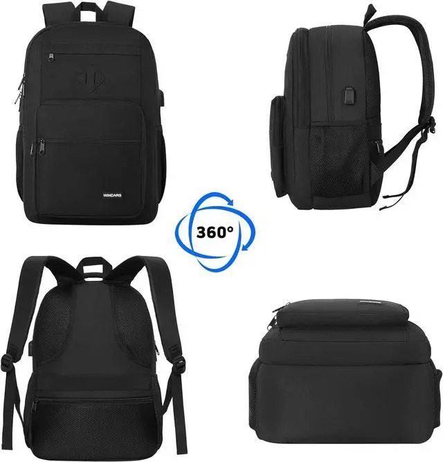 Alt view image 6 of 7 - Black Backpack for Men Women, Durable Casual School Backpacks Teens Boys and Girls Classic 15.6 Inch Laptop Bookbag with USB Charger for College High School Work Travel