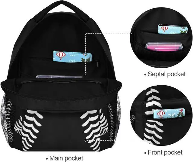 Alt view image 7 of 7 - Miaoquhe Black Baseball Backpacks School Bookbag for Kids Sport Softball Backpacks Laptop Shoulder Bag for Women Girls Men Boys School Casual Daypack for Travel Hiking Camping