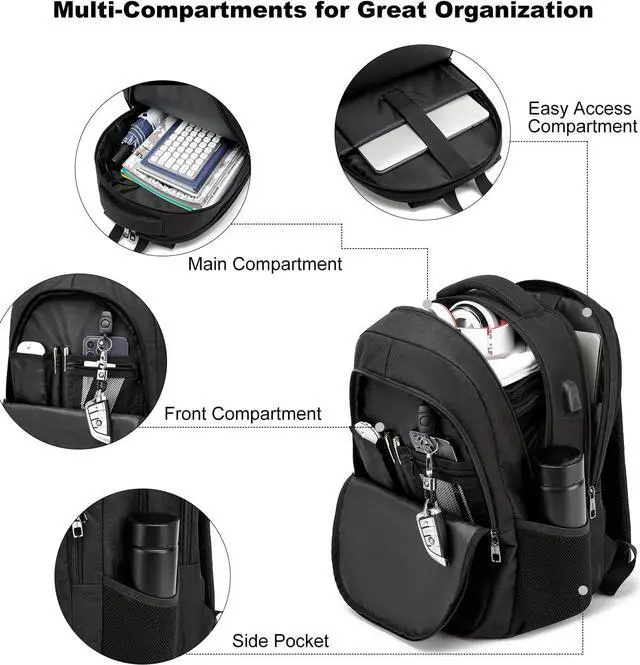 Alt view image 2 of 7 - Backpack for Men and Women, School Backpacks for Teen Boys Girls, Water Resistant Sturdy Anti Theft Travel Laptop Backpack, Black Student Bookbag Fits 15.6 Inch Laptop with USB Charging Port, Gifts