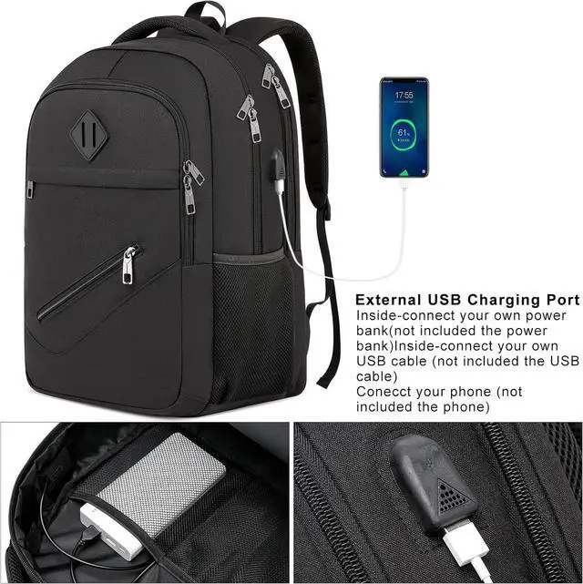 Alt view image 4 of 6 - Black Backpack, School Backpacks for Teen Boys & Girls, Student Bookbag Fits 17.3 Inch Laptop with USB Charging Port, Water Resistant Travel Backpack, Sturdy Anti Theft Computer Bag Gifts Men Women