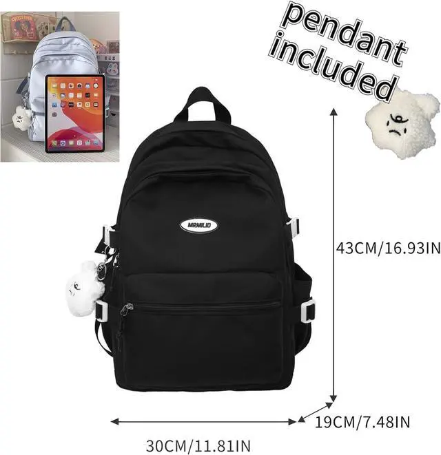 Alt view image 3 of 7 - Kawaii Backpack with Cute Accessories Casual Aesthetic Daypack Simple Laptop Bag Waterproof Travel Rucksack for Women (black)