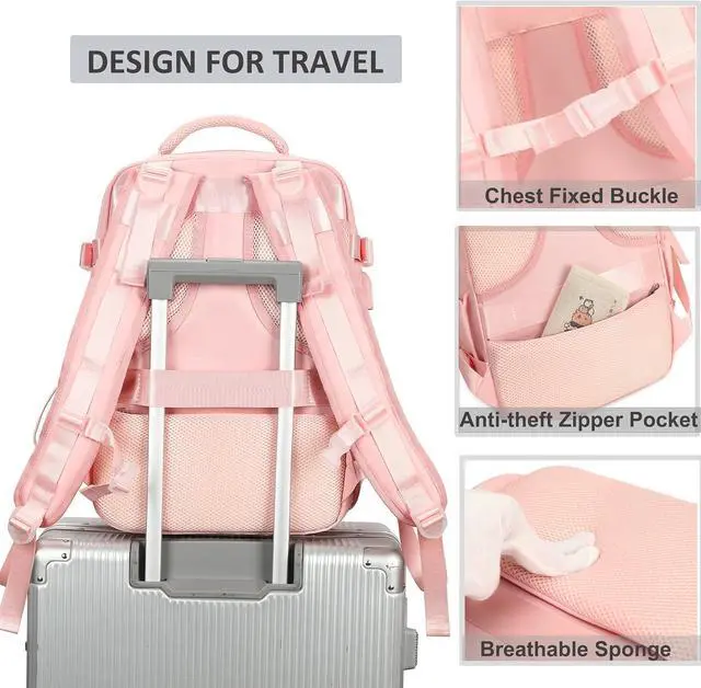 Alt view image 5 of 6 - Travel Backpack for Women Men 17 Inch Laptop Backpacks with USB Port Carry on Bag Airline Approved Large College School Bookbags Waterproof Work Business Sport Rucksack Casual Daypack (Pink)