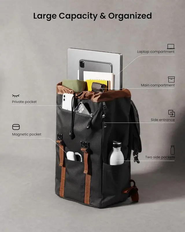 Alt view image 3 of 7 - tomtoc Flap Laptop Backpack, Lightweight, Water-Resistant Casual Daypack, Durable Work-pack, Vintage Classic Rucksack for 13-15.6 Inch Laptop, perfect for Campus, Street, 22L Black
