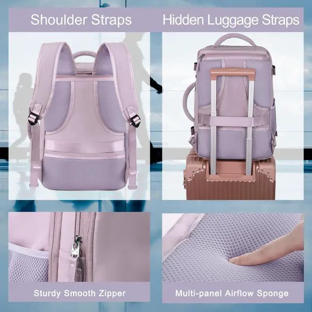 Alt view image 5 of 7 - Hanples Large Travel Laptop Backpack for Men Women, Light Purple, 16 Inch Laptop Compartment