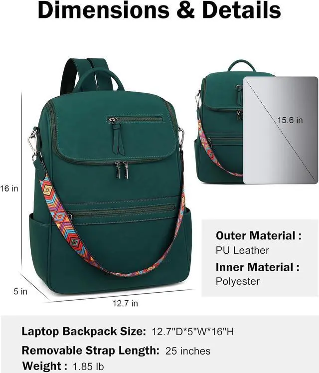 Alt view image 2 of 7 - FADEON Laptop Backpack for Women Leather Travel Backpack with Laptop Compartment, Designer Ladies Computer Backpacks Green