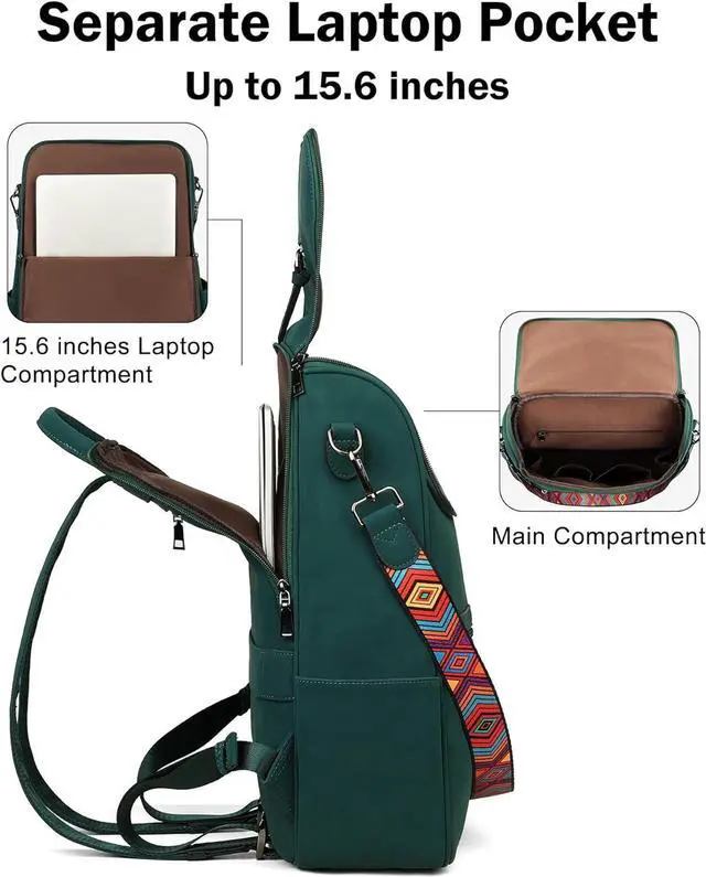 Alt view image 3 of 7 - FADEON Laptop Backpack for Women Leather Travel Backpack with Laptop Compartment, Designer Ladies Computer Backpacks Green