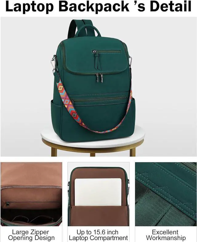 Alt view image 6 of 7 - FADEON Laptop Backpack for Women Leather Travel Backpack with Laptop Compartment, Designer Ladies Computer Backpacks Green