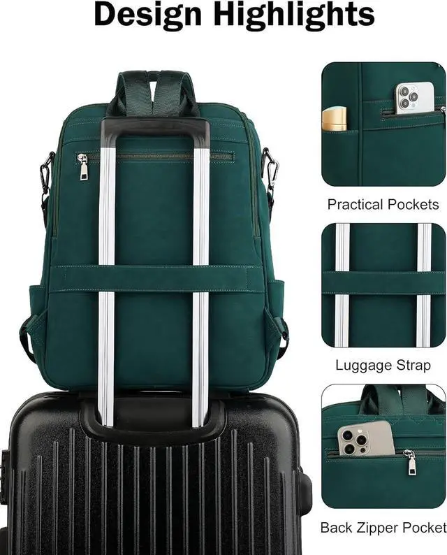 Alt view image 7 of 7 - FADEON Laptop Backpack for Women Leather Travel Backpack with Laptop Compartment, Designer Ladies Computer Backpacks Green