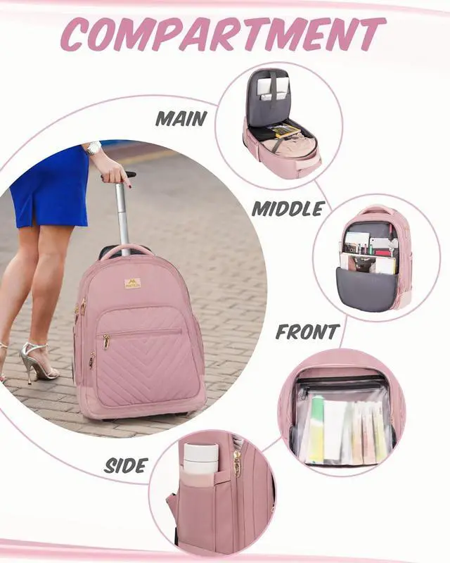 Alt view image 4 of 7 - MATEIN Rolling Backpack for Women, 17 Inch Travel Laptop Backpacks with Wheels, Large Carry On Business Luggage Roller Backpack, Waterproof Trolley Suitcase Overnight College Work Computer Bag, Pink