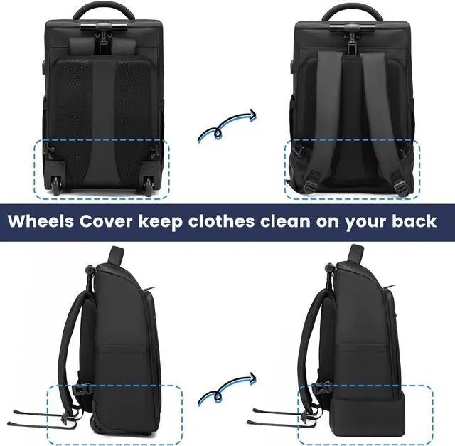 Alt view image 4 of 6 - Rolling Backpack, Waterproof Backpack with Wheels for Business Commuter, Carry on Backpack with Laptop Compartment, Fit 15.6/18 Inch Laptop, Wheeled Backpack for Adults (Black)
