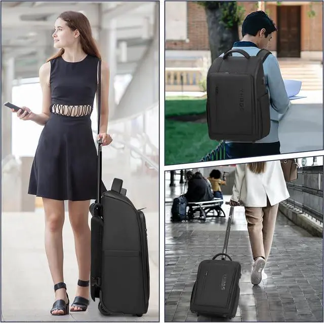 Alt view image 6 of 6 - Rolling Backpack, Waterproof Backpack with Wheels for Business Commuter, Carry on Backpack with Laptop Compartment, Fit 15.6/18 Inch Laptop, Wheeled Backpack for Adults (Black)