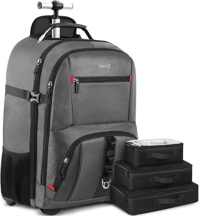 Main image of ZOMFELT Rolling Backpack, Travel Backpack with Wheels, Carry on Backpack with 3 Packing Cubes, 17.3 Inch Wheeled Laptop Backpack for Men Women Adults to Travel Work Business Grey