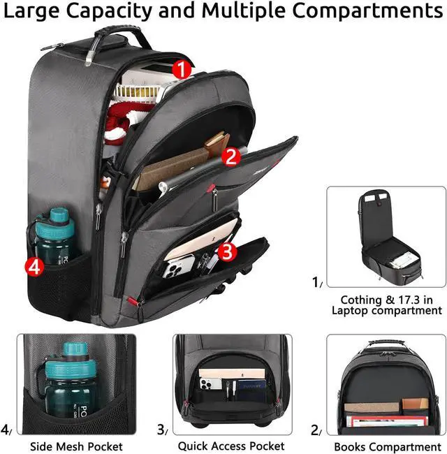 Alt view image 3 of 5 - ZOMFELT Rolling Backpack, Travel Backpack with Wheels, Carry on Backpack with 3 Packing Cubes, 17.3 Inch Wheeled Laptop Backpack for Men Women Adults to Travel Work Business Grey