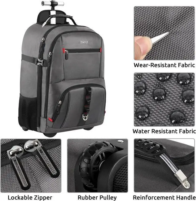 Alt view image 4 of 5 - ZOMFELT Rolling Backpack, Travel Backpack with Wheels, Carry on Backpack with 3 Packing Cubes, 17.3 Inch Wheeled Laptop Backpack for Men Women Adults to Travel Work Business Grey