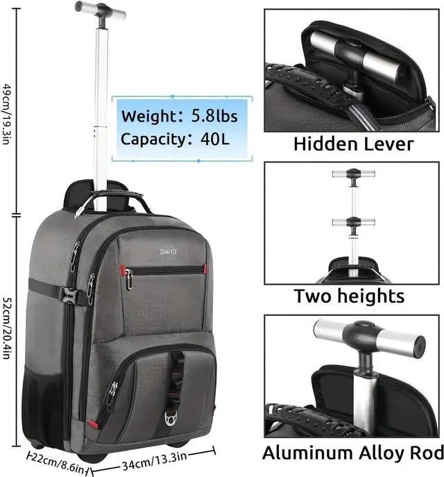 Alt view image 5 of 5 - ZOMFELT Rolling Backpack, Travel Backpack with Wheels, Carry on Backpack with 3 Packing Cubes, 17.3 Inch Wheeled Laptop Backpack for Men Women Adults to Travel Work Business Grey