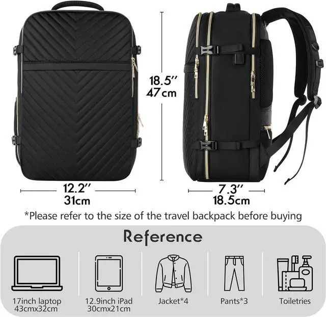 Alt view image 4 of 7 - MOMUVO Carry On Backpack for Women, Flight Approved Large Travel Laptop Backpack with 3 Packing Cubes & USB Charge Port, 17 Inch Water Resistant Luggage Travel Bag for Weekender Business, Black