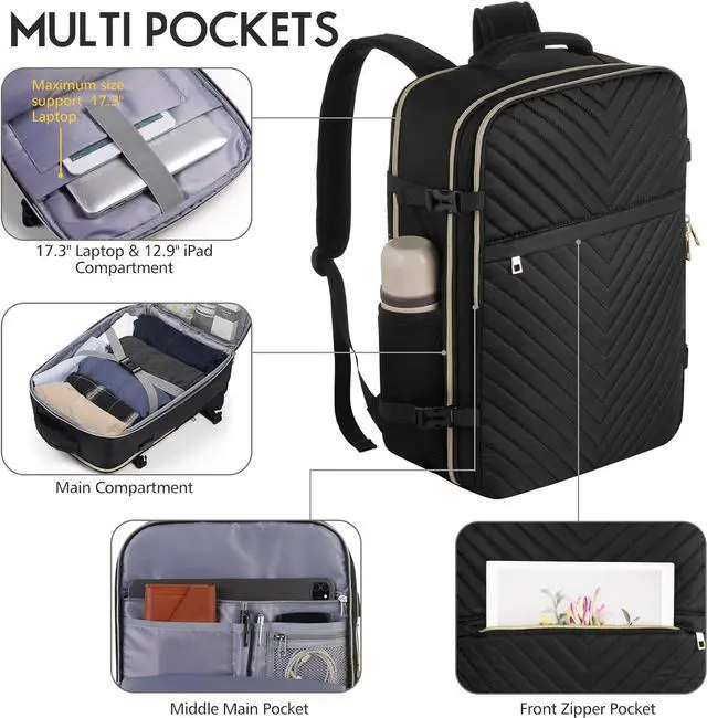 Alt view image 2 of 7 - MOMUVO Carry On Backpack for Women, Flight Approved Large Travel Laptop Backpack with 3 Packing Cubes & USB Charge Port, 17 Inch Water Resistant Luggage Travel Bag for Weekender Business, Black