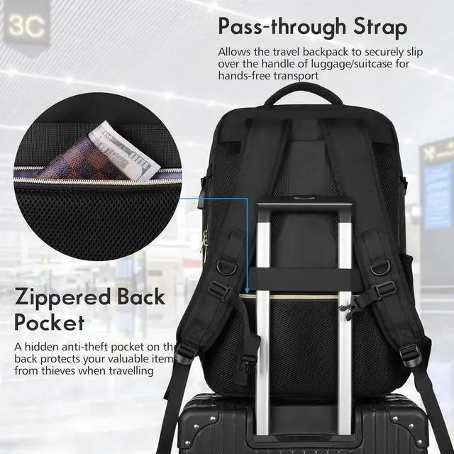 Alt view image 5 of 7 - MOMUVO Carry On Backpack for Women, Flight Approved Large Travel Laptop Backpack with 3 Packing Cubes & USB Charge Port, 17 Inch Water Resistant Luggage Travel Bag for Weekender Business, Black