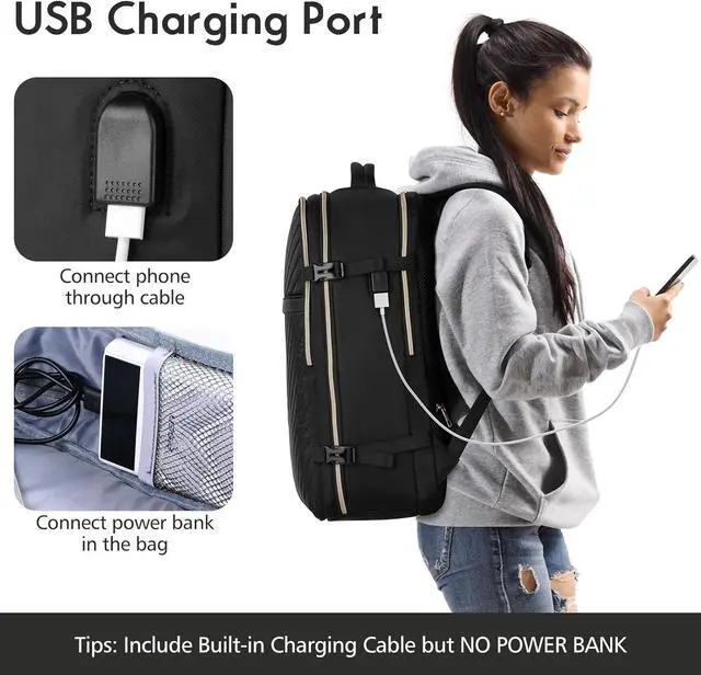 Alt view image 7 of 7 - MOMUVO Carry On Backpack for Women, Flight Approved Large Travel Laptop Backpack with 3 Packing Cubes & USB Charge Port, 17 Inch Water Resistant Luggage Travel Bag for Weekender Business, Black