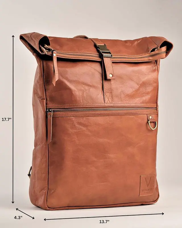 Alt view image 3 of 7 - Genuine Leather Backpack for Men, Large Roll Top Backpack, Laptop Bookbag, Roll On Vintage Rucksack for College, Work & Travel, Brown, X-Large - 17.3 Inch