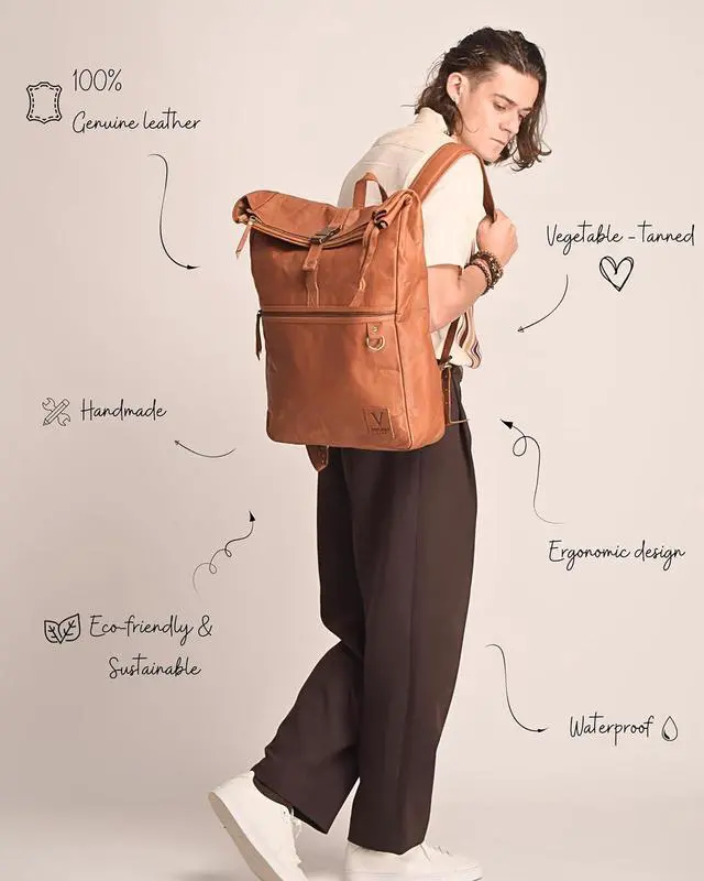 Alt view image 2 of 7 - Genuine Leather Backpack for Men, Large Roll Top Backpack, Laptop Bookbag, Roll On Vintage Rucksack for College, Work & Travel, Brown, X-Large - 17.3 Inch