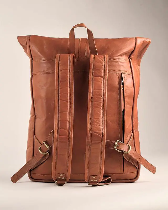 Alt view image 4 of 7 - Genuine Leather Backpack for Men, Large Roll Top Backpack, Laptop Bookbag, Roll On Vintage Rucksack for College, Work & Travel, Brown, X-Large - 17.3 Inch