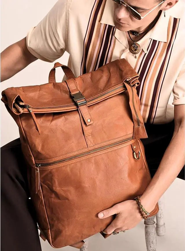Alt view image 6 of 7 - Genuine Leather Backpack for Men, Large Roll Top Backpack, Laptop Bookbag, Roll On Vintage Rucksack for College, Work & Travel, Brown, X-Large - 17.3 Inch