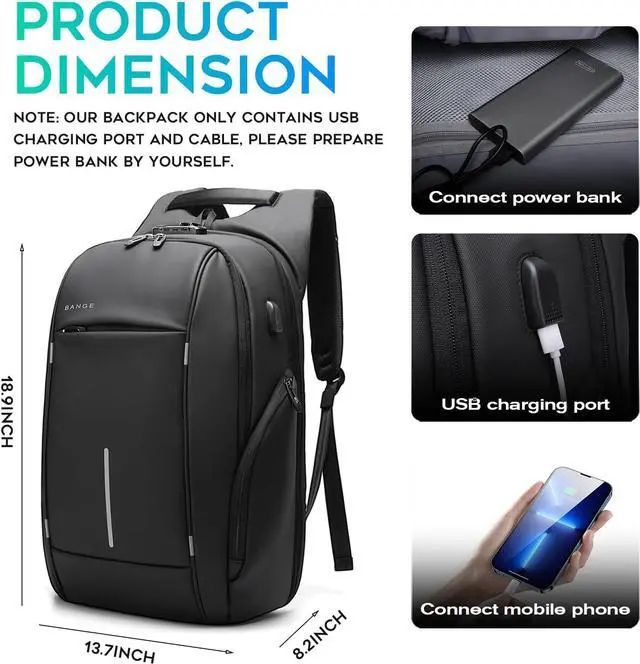 Alt view image 6 of 6 - BANGE Travel Backpack,Lightweight Work Backpacks for Men, Laptop Backpack for 15.6Inch, Fashion Backpack for Men and Women