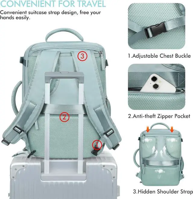 Alt view image 6 of 7 - Beraliy Travel Backpack for Women, Airline Approved Bag, 16 inch Laptop Waterproof Hiking Backpack, Casual College Daypack, Weekender Bag, Mint Green