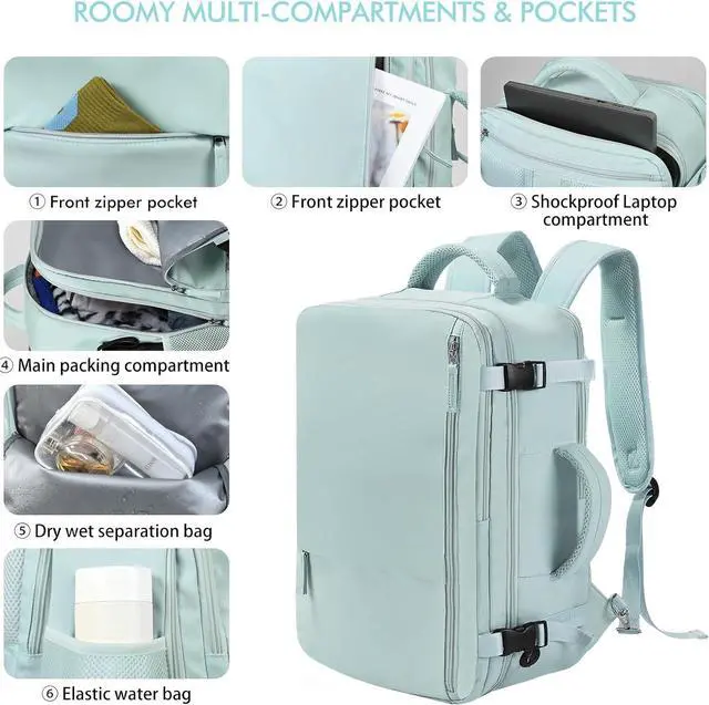 Alt view image 7 of 7 - Beraliy Travel Backpack for Women, Airline Approved Bag, 16 inch Laptop Waterproof Hiking Backpack, Casual College Daypack, Weekender Bag, Mint Green