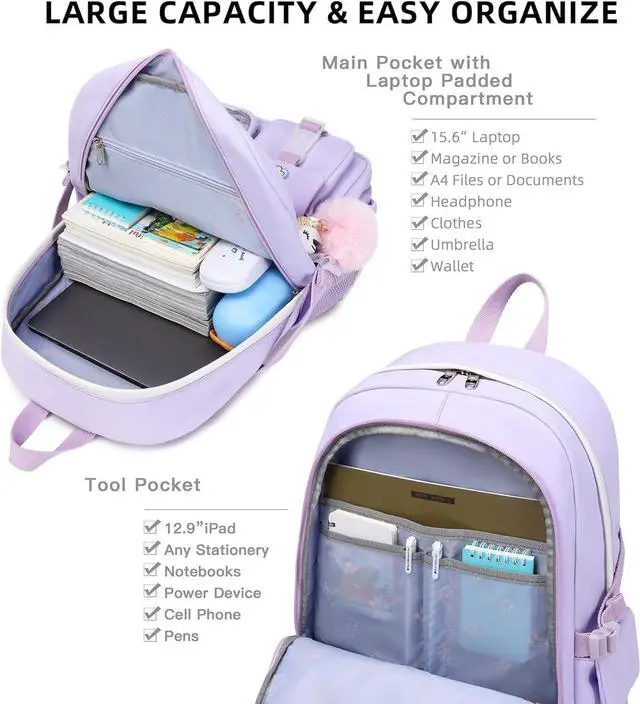 Alt view image 3 of 6 - Backpack for Girls with Accessories Laptop Bookbags 16 Inch Kawaii Kids Elementary Middle High School Bag College Travel Daypack Gifts for Teens Women Students (Purple)