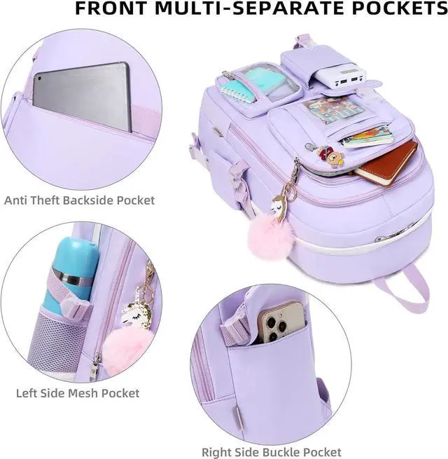 Alt view image 4 of 6 - Backpack for Girls with Accessories Laptop Bookbags 16 Inch Kawaii Kids Elementary Middle High School Bag College Travel Daypack Gifts for Teens Women Students (Purple)