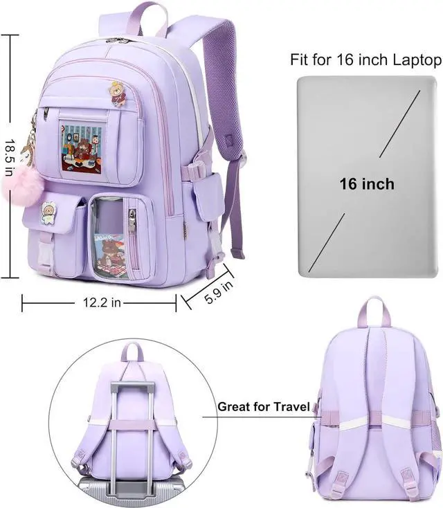 Alt view image 6 of 6 - Backpack for Girls with Accessories Laptop Bookbags 16 Inch Kawaii Kids Elementary Middle High School Bag College Travel Daypack Gifts for Teens Women Students (Purple)