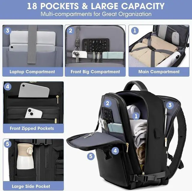 Alt view image 2 of 7 - Travel Backpack for Women, TSA Carry On Backpack Flight Approved Luggage, 35L Water Resistant Personal Item Daypack Large Weekender Bag fit 17 inch Laptop with Shoe Bag, Black