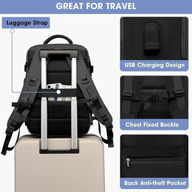 Alt view image 4 of 7 - Travel Backpack for Women, TSA Carry On Backpack Flight Approved Luggage, 35L Water Resistant Personal Item Daypack Large Weekender Bag fit 17 inch Laptop with Shoe Bag, Black