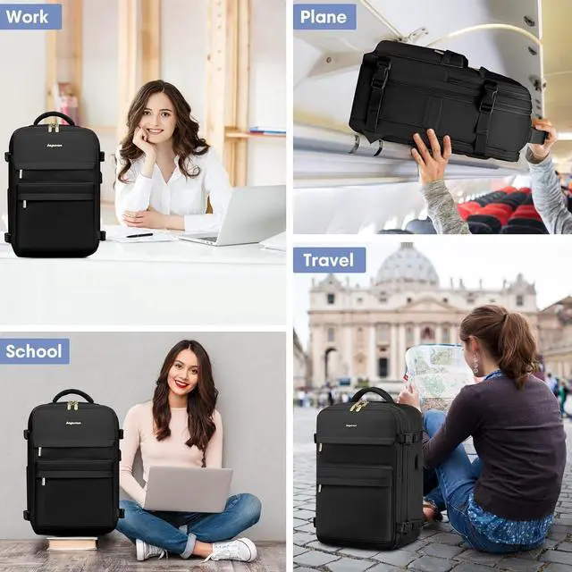 Alt view image 7 of 7 - Travel Backpack for Women, TSA Carry On Backpack Flight Approved Luggage, 35L Water Resistant Personal Item Daypack Large Weekender Bag fit 17 inch Laptop with Shoe Bag, Black