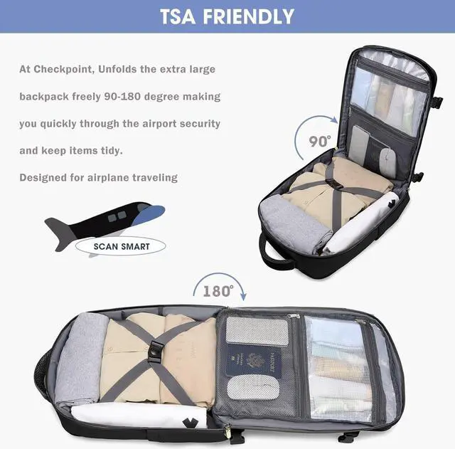 Alt view image 6 of 7 - Travel Backpack for Women, TSA Carry On Backpack Flight Approved Luggage, 35L Water Resistant Personal Item Daypack Large Weekender Bag fit 17 inch Laptop with Shoe Bag, Black