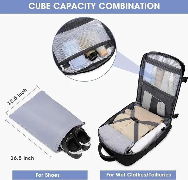 Alt view image 5 of 7 - Travel Backpack for Women, TSA Carry On Backpack Flight Approved Luggage, 35L Water Resistant Personal Item Daypack Large Weekender Bag fit 17 inch Laptop with Shoe Bag, Black