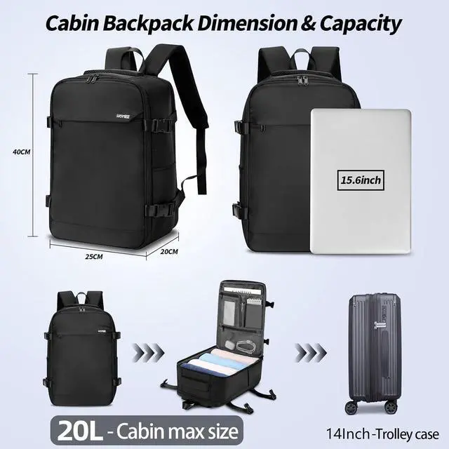 Alt view image 5 of 7 - HOMIEE Ryanair Personal Item 40x20x25 Travel Bag, 20L Carry on Backpack Flight Approved Underseat Hand Luggage Cabin Bag Fits 15.6 Inch Laptop for Weekender Gifts, Black