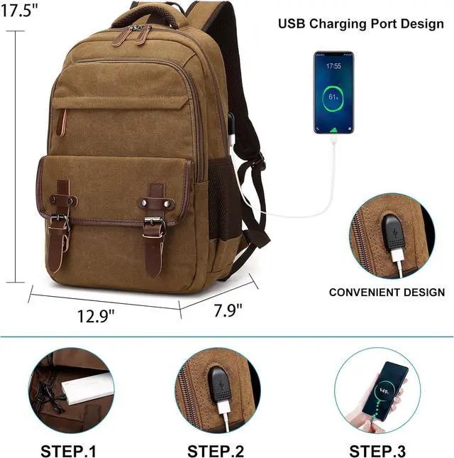 Alt view image 2 of 6 - Canvas Backpack with USB Charging Port, Vintage Daypack for Men Women, Brown Travel Work Rucksack College Computer Bag Bookbag Fits 15.6 Inch Laptop, Brown