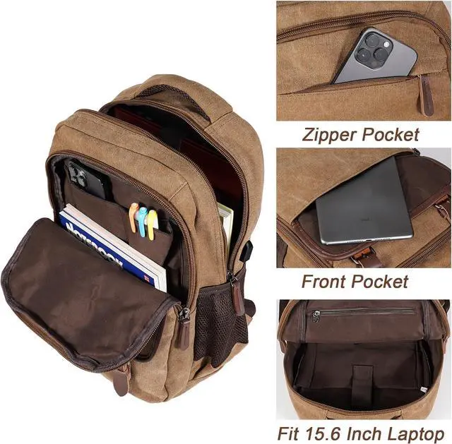 Alt view image 3 of 6 - Canvas Backpack with USB Charging Port, Vintage Daypack for Men Women, Brown Travel Work Rucksack College Computer Bag Bookbag Fits 15.6 Inch Laptop, Brown