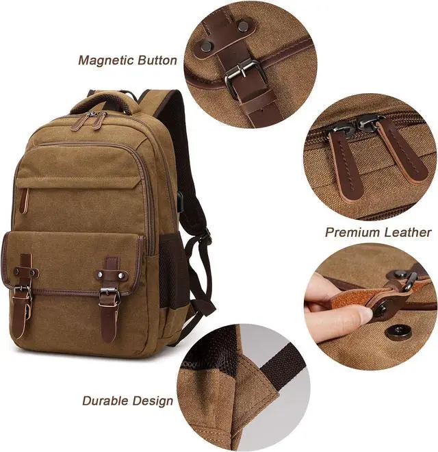 Alt view image 4 of 6 - Canvas Backpack with USB Charging Port, Vintage Daypack for Men Women, Brown Travel Work Rucksack College Computer Bag Bookbag Fits 15.6 Inch Laptop, Brown