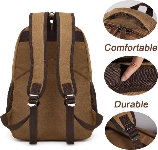 Alt view image 5 of 6 - Canvas Backpack with USB Charging Port, Vintage Daypack for Men Women, Brown Travel Work Rucksack College Computer Bag Bookbag Fits 15.6 Inch Laptop, Brown