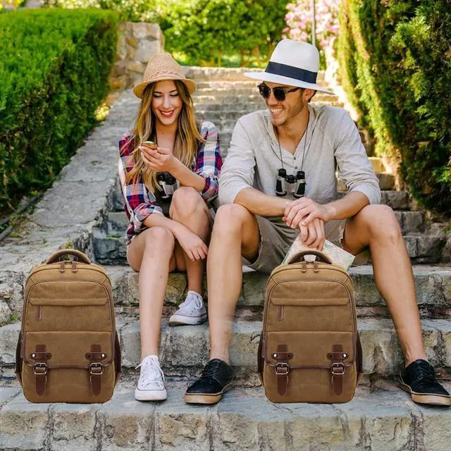 Alt view image 6 of 6 - Canvas Backpack with USB Charging Port, Vintage Daypack for Men Women, Brown Travel Work Rucksack College Computer Bag Bookbag Fits 15.6 Inch Laptop, Brown