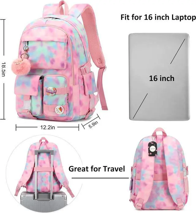 Alt view image 6 of 6 - Laptop Backpacks 16 Inch School Bag College Backpack Anti Theft Travel Casual Daypack Bags Cute Bookbags Large Colorfull Carry on Back Pack for Teens Girls Women Students (Tie-Dye Pink)