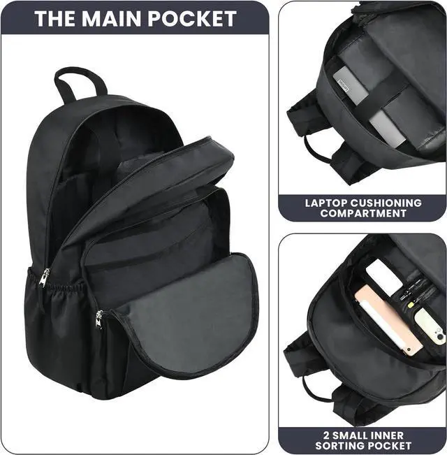 Alt view image 4 of 7 - 15.6 inch Basic Black Backpack for Men, Travel Backpack Carry on, Water Resistant School Backpacks for Teens, College Back Pack Bookbag for Boys Girls, Work Backpacks for Women