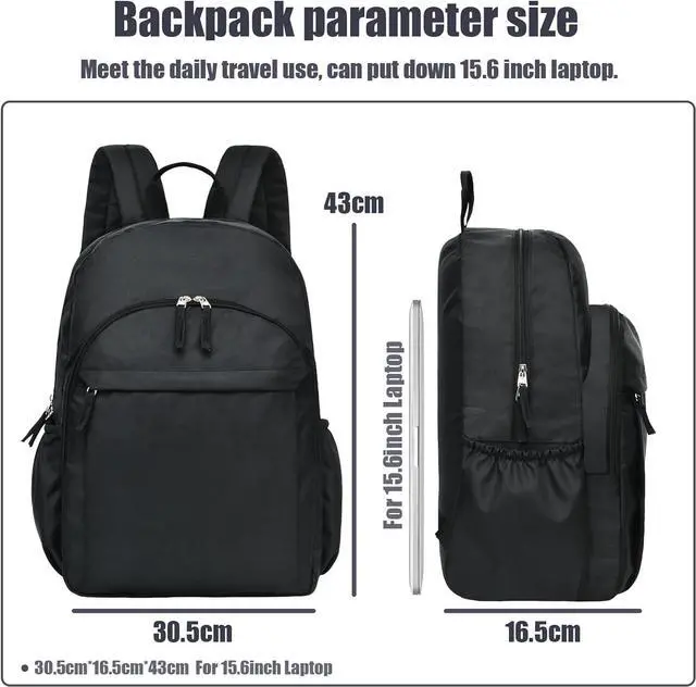 Alt view image 2 of 7 - 15.6 inch Basic Black Backpack for Men, Travel Backpack Carry on, Water Resistant School Backpacks for Teens, College Back Pack Bookbag for Boys Girls, Work Backpacks for Women