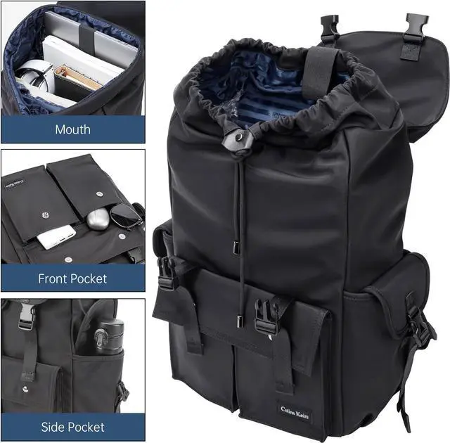 Alt view image 3 of 7 - Black backpack men, 16 inch laptop backpack for men, Drawstring anti-theft waterproof tech backpack with laptop compartment, Large 30 L